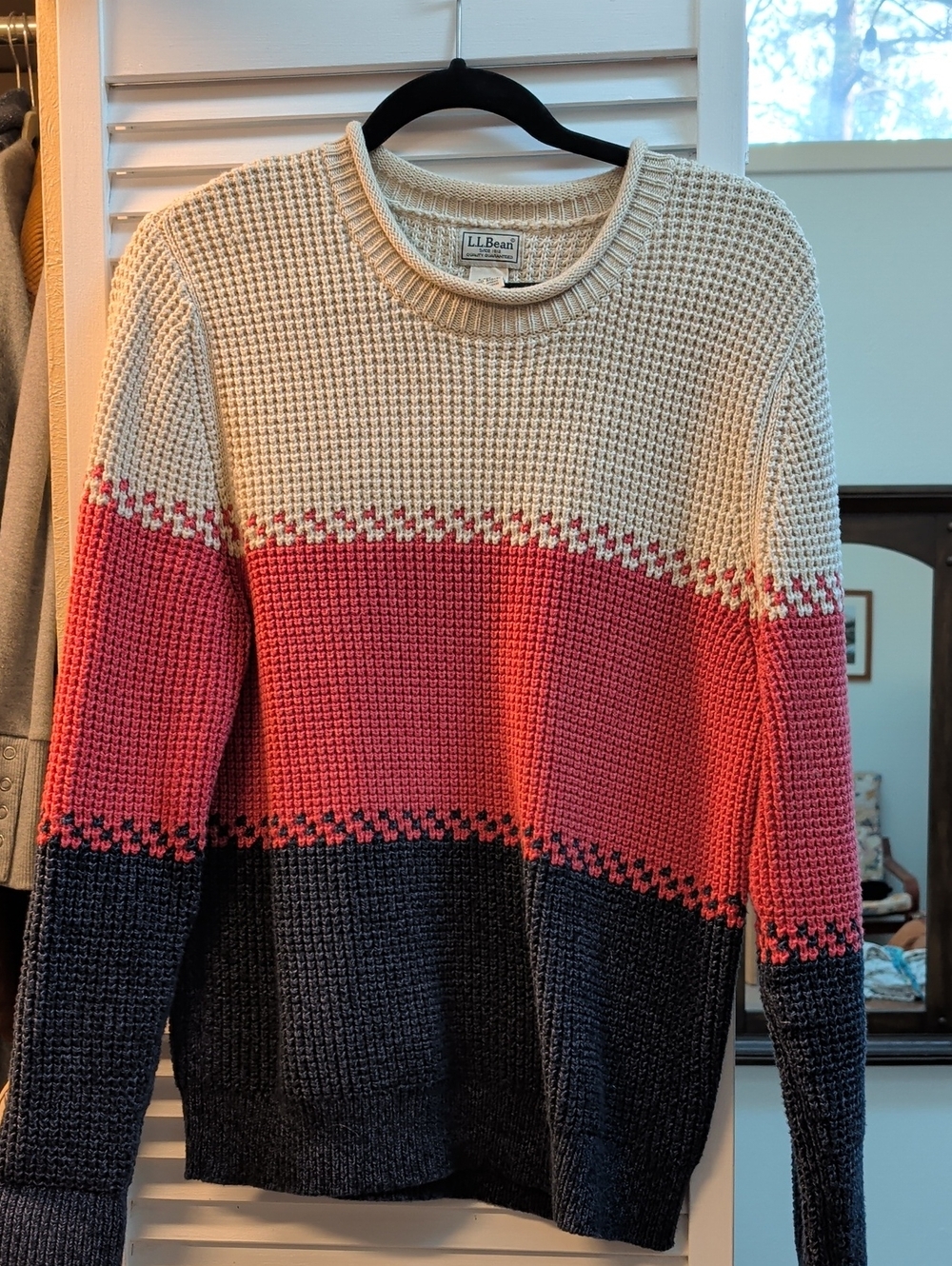 L.L. Bean Men's Colorblock Waffle Crewneck Sweater - Cream, Coral & Navy